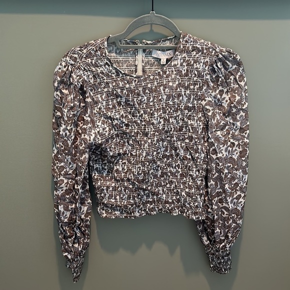 NEW Intermix Womens Bay Smocked Blouse Cropped Long Sleeve Multi Pattern Size S - Picture 2 of 6